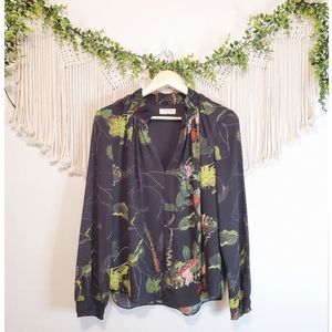 ARITZIA BABATON Black Floral Botanical Long Smocked Sleeve V Neck Blouse sz M